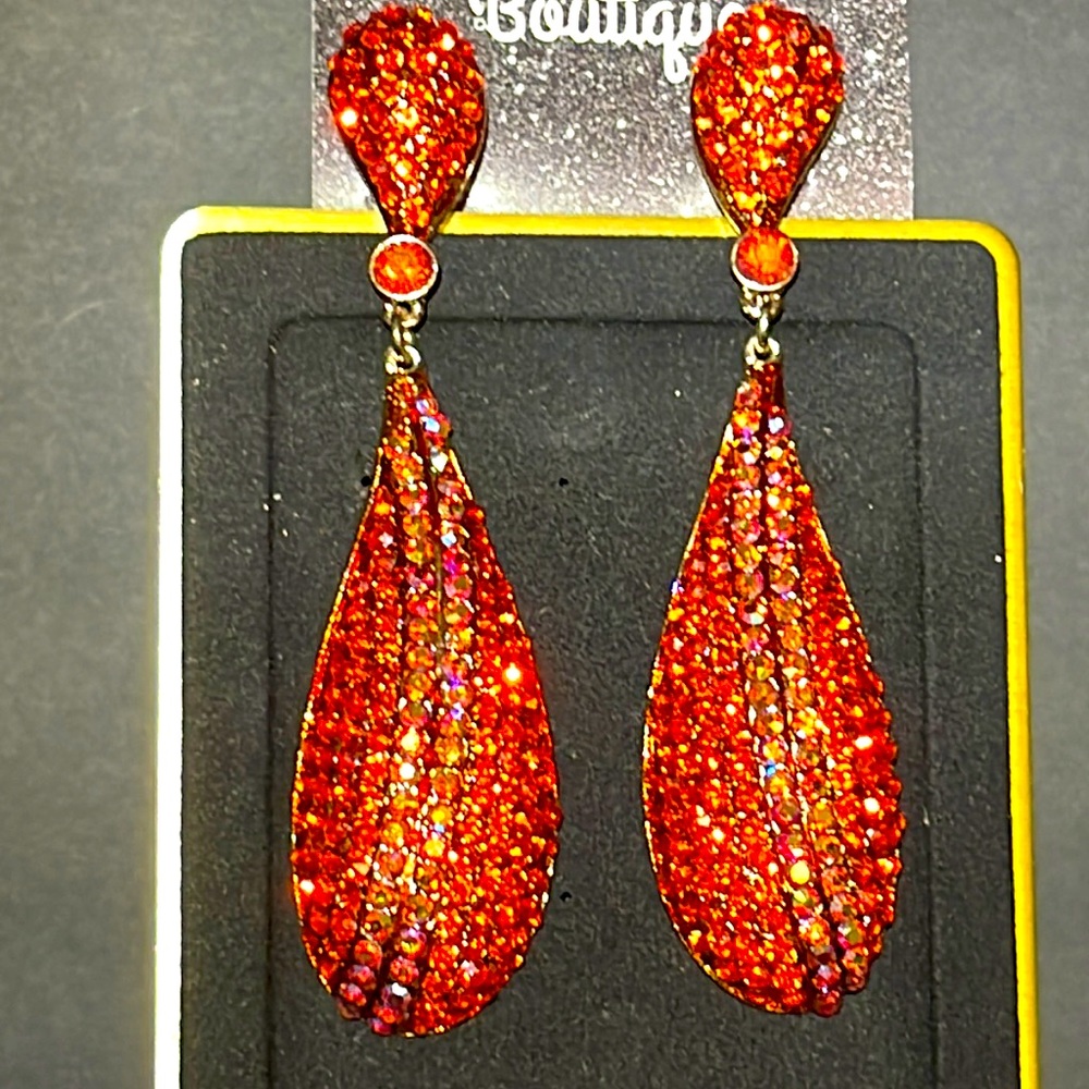 Long orange Pageant Earrings Orange and AB Crystal